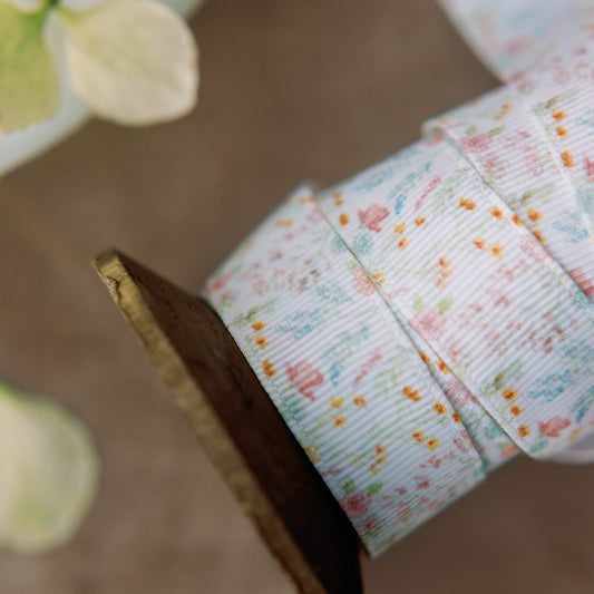 White Watercolor Floral Grosgrain Ribbon